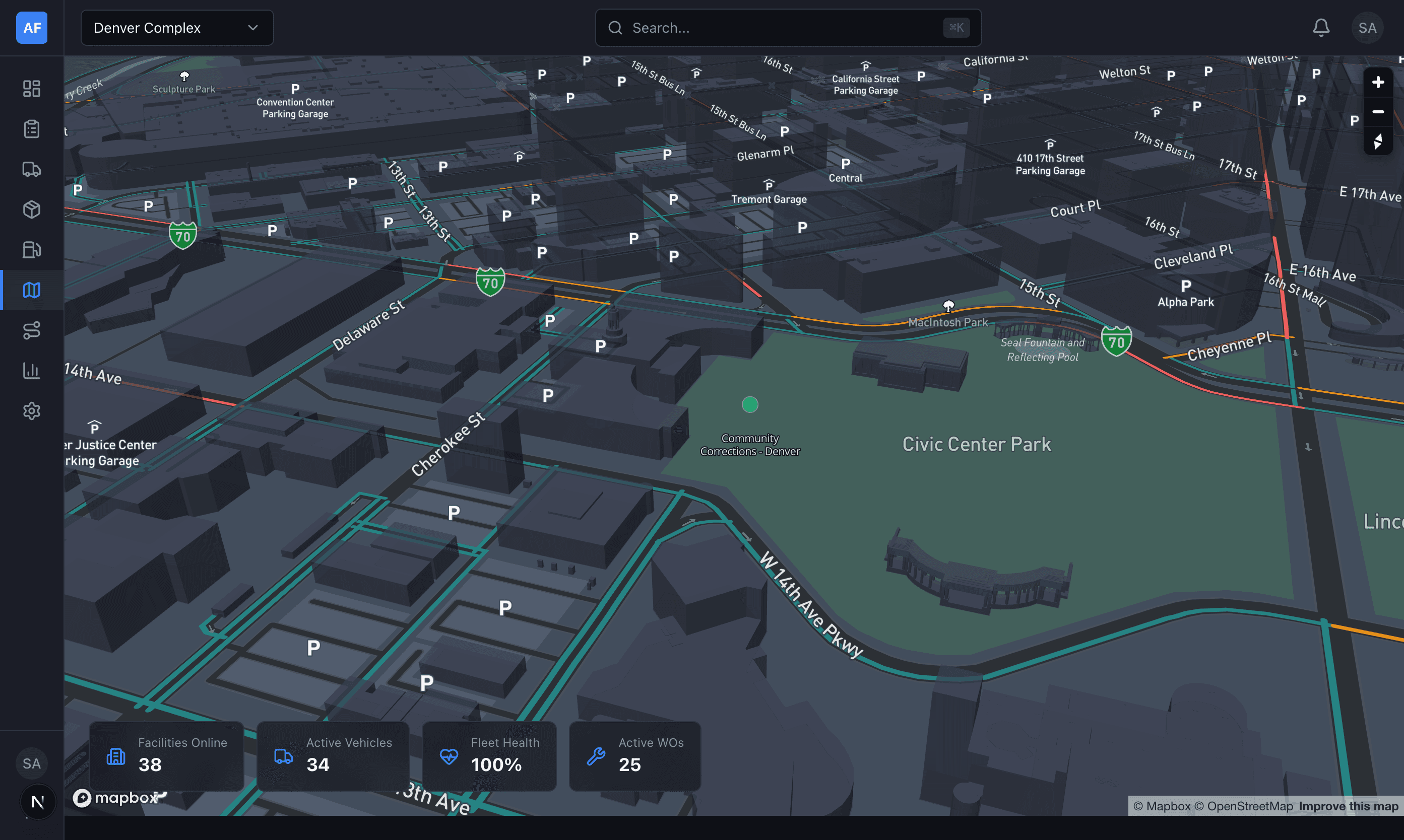 3D fleet map showing facility locations and active vehicles in a city view