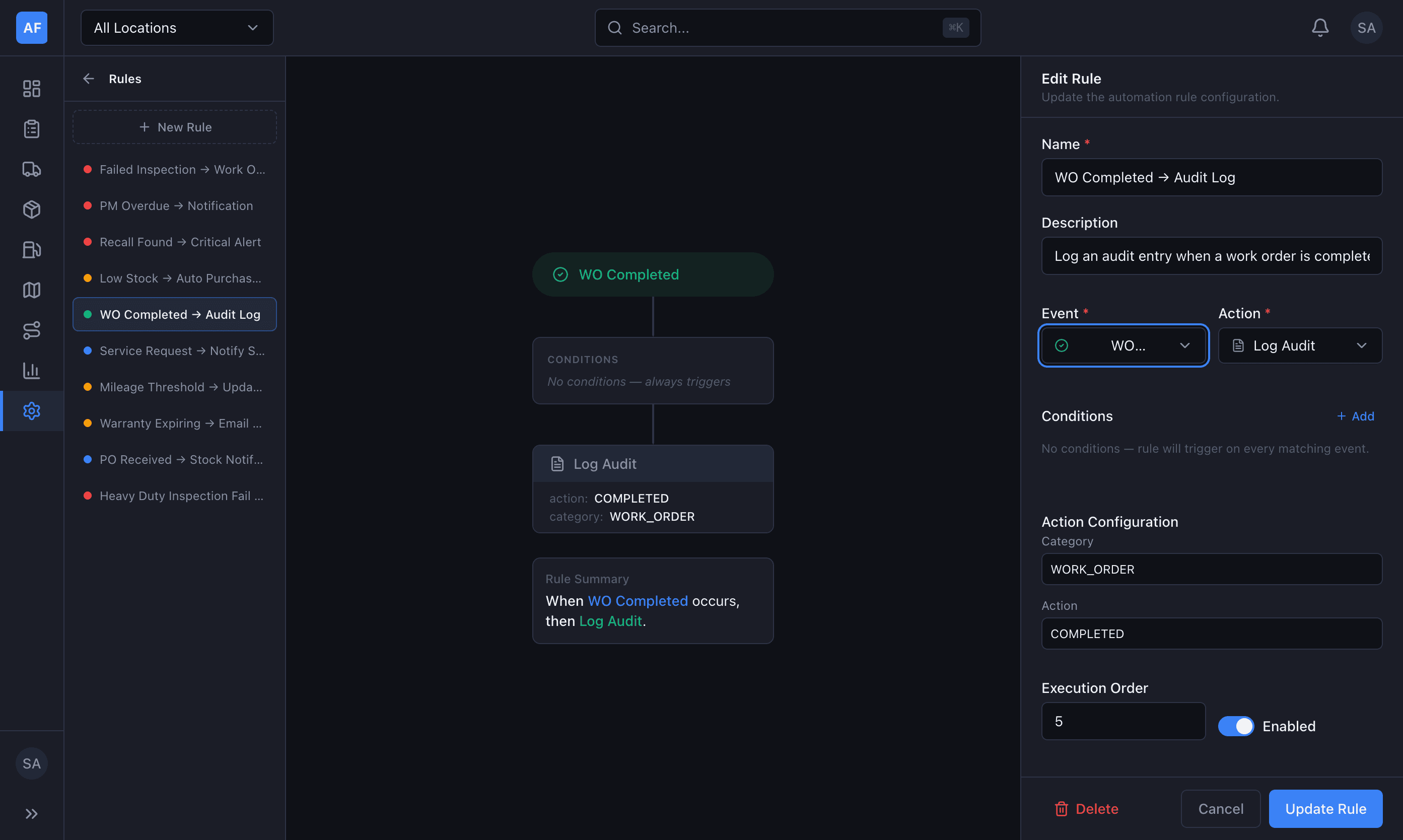 Rules engine showing automation workflows for fleet events like work order completion, PM alerts, and recall notifications
