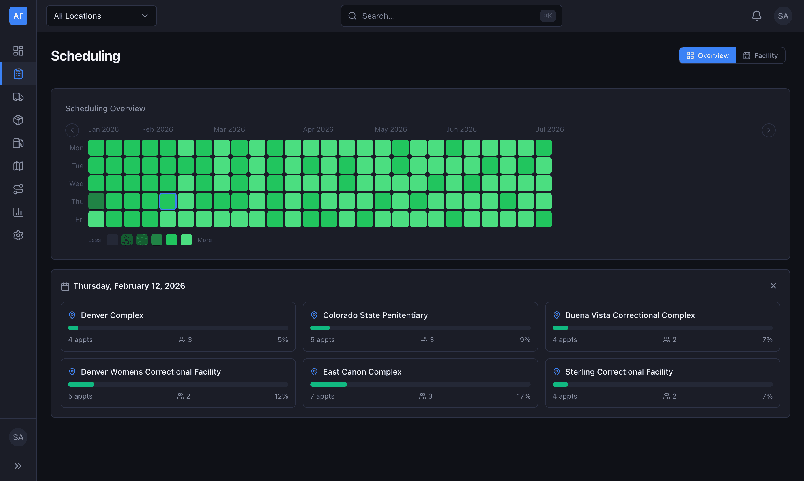 Scheduling heatmap showing facility utilization across all locations