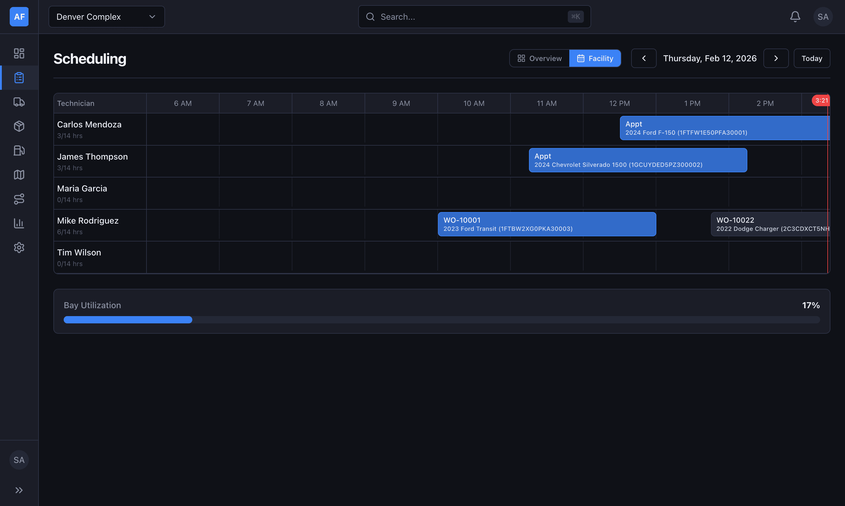 Facility Gantt view showing technician schedules and bay assignments