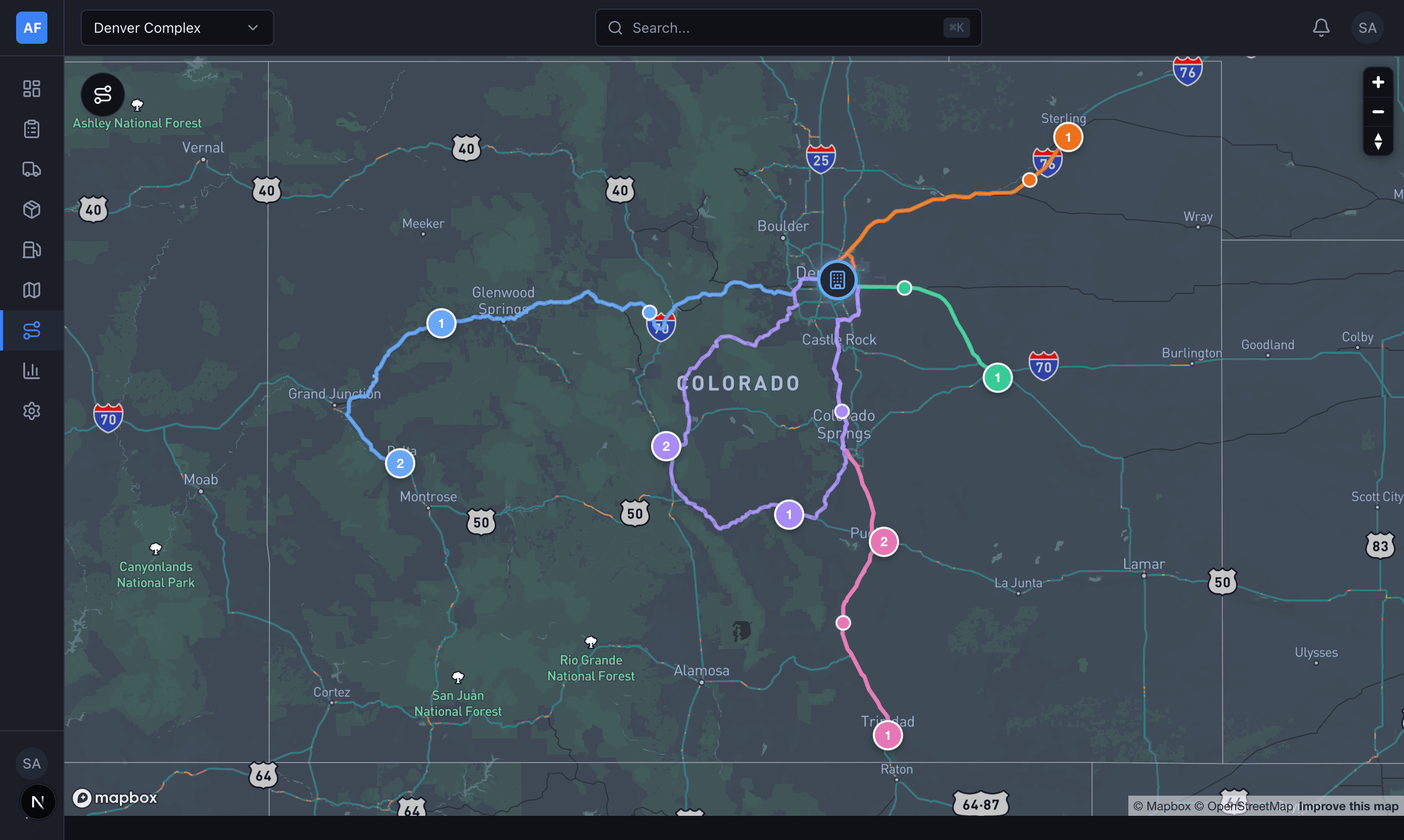 Statewide fleet map showing vehicle routes and facility clusters