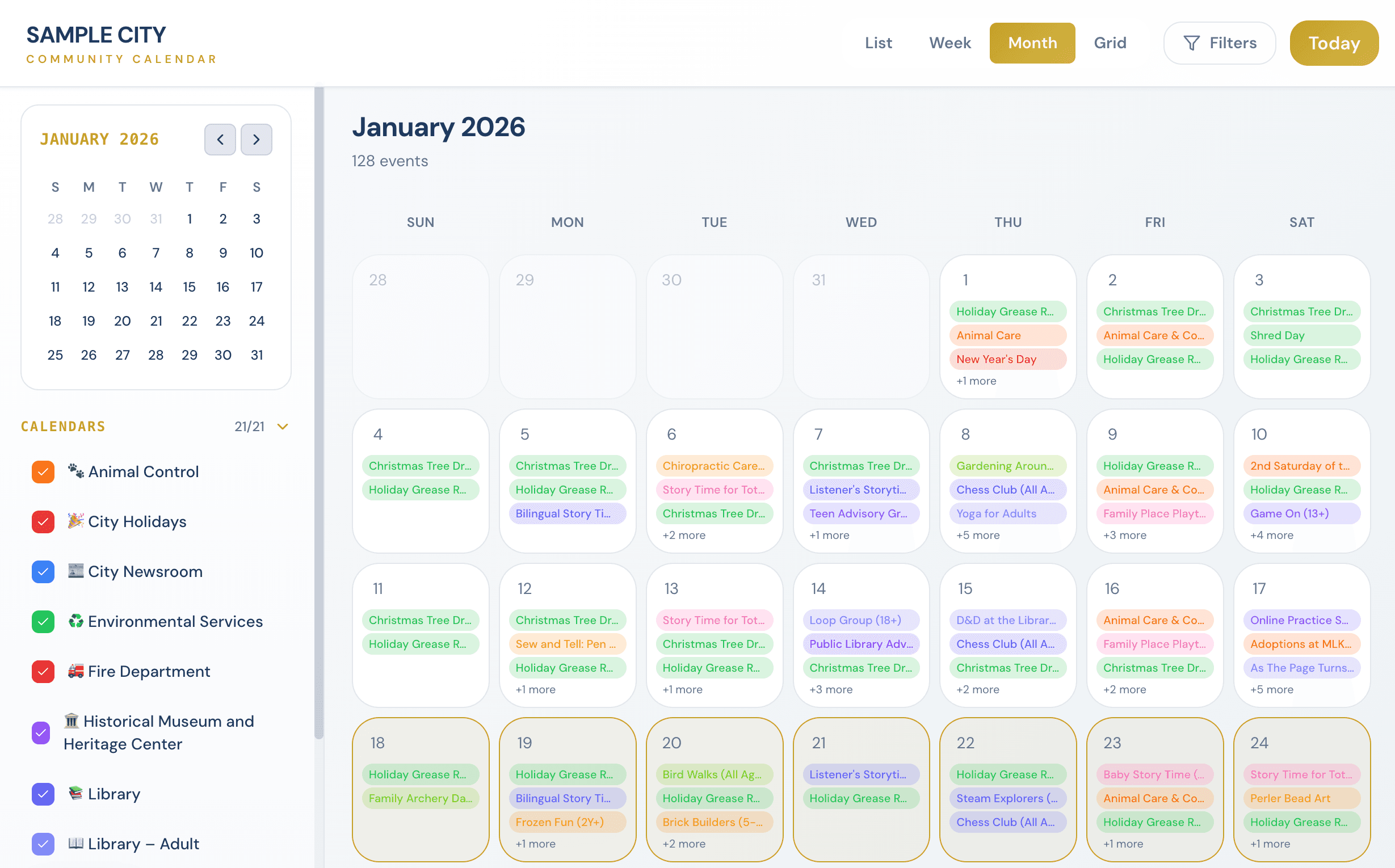 Public calendar month view showing events across multiple city departments