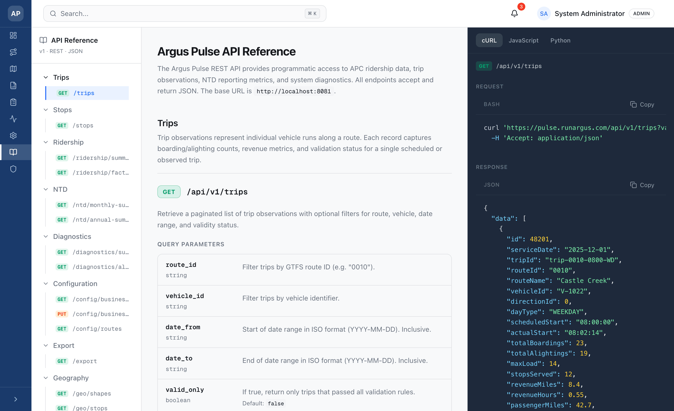 Argus Pulse API documentation showing endpoints, authentication, and code examples
